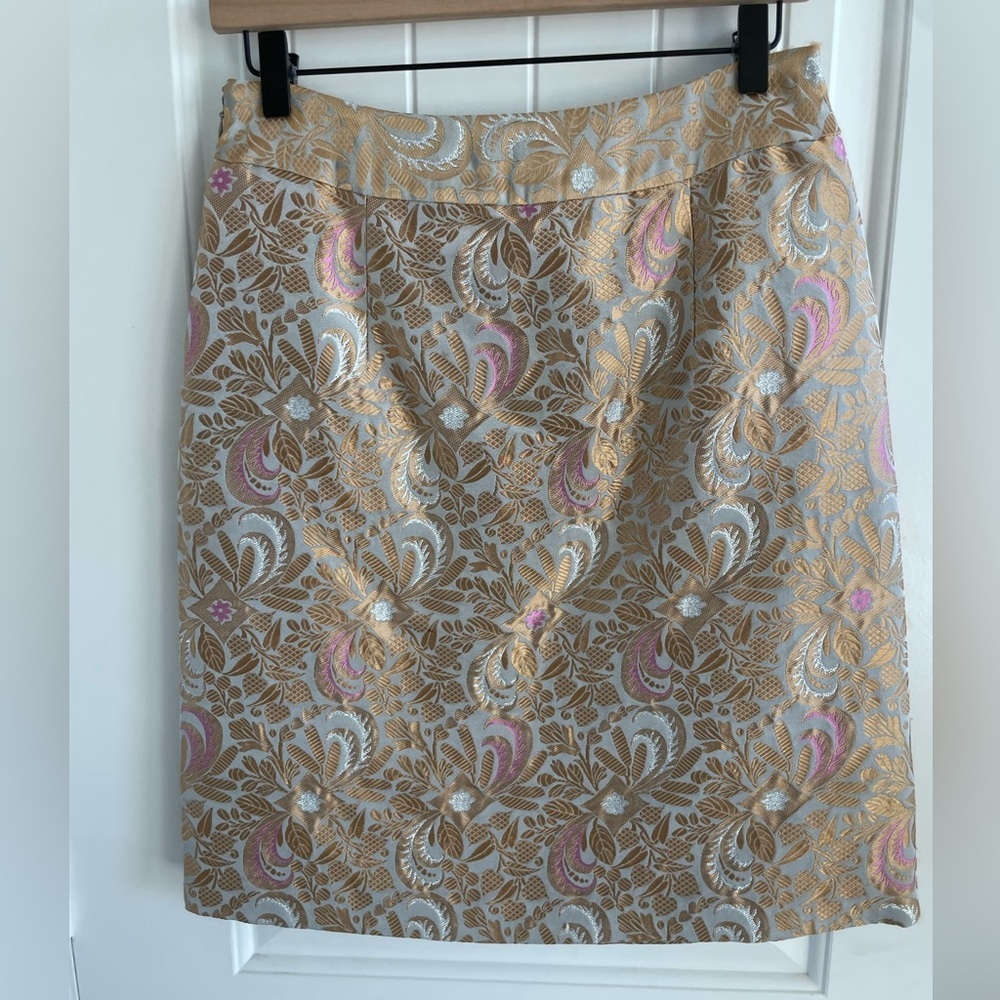 Anthropologie | Elevenses Gold Silk Blend Jacquard Brocade Pencil Skirt